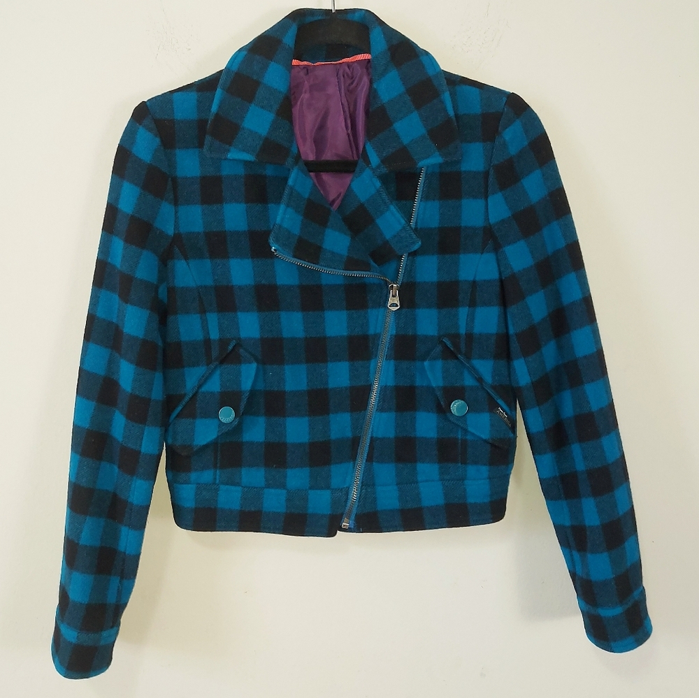 Perry Ellis Women Wool  Dark Academia Zip Bomber Buffalo Plaid Jacket Small